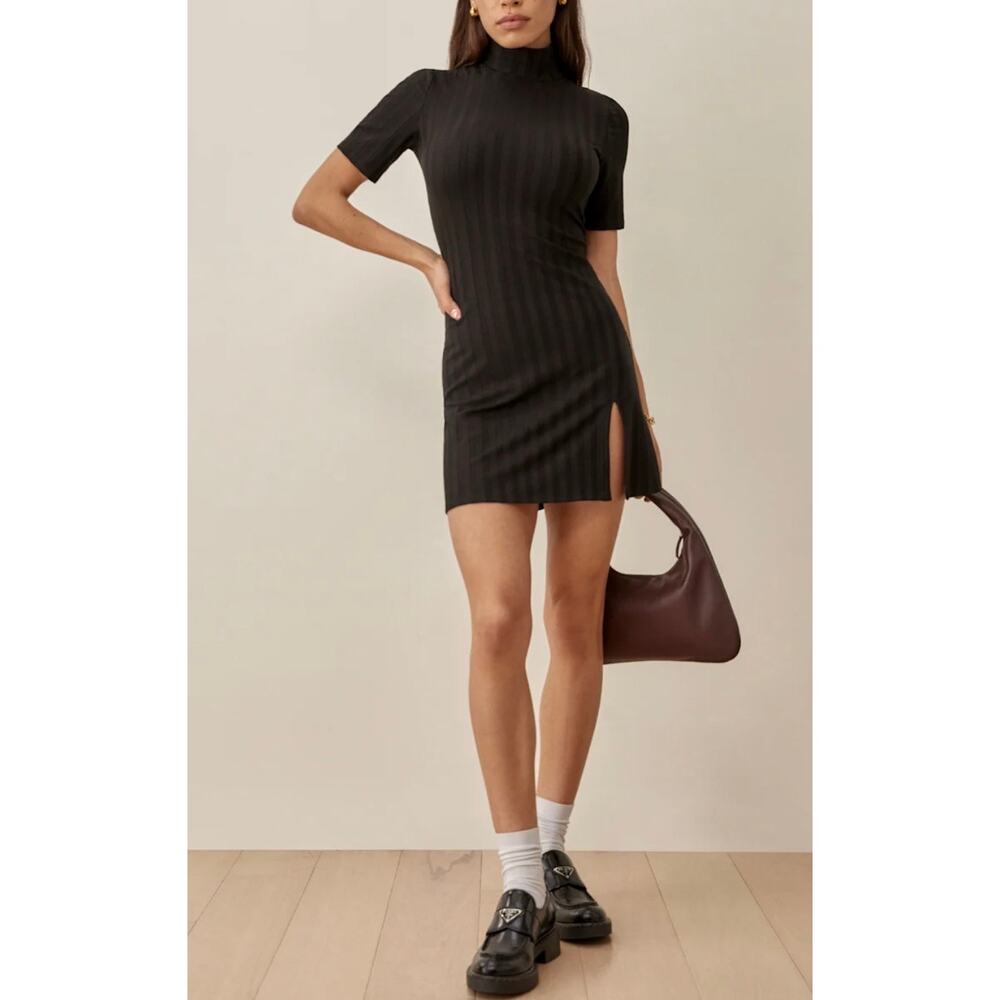 Reformation Zia Ribbed Knit Mock Neck Slim Fit Dress Size Small Black